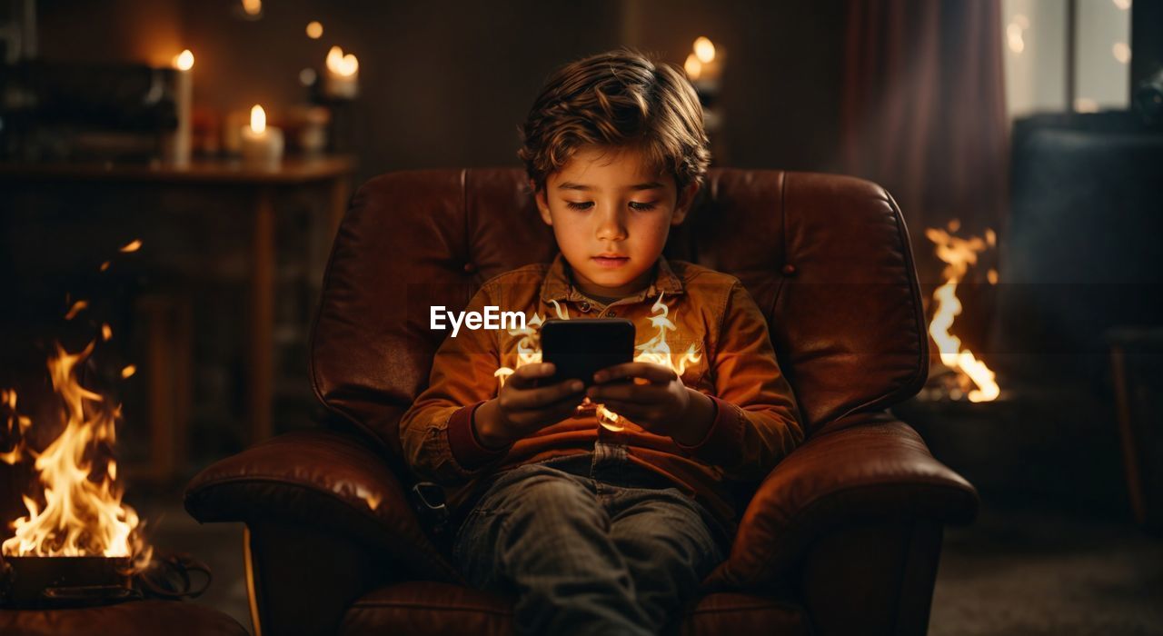 portrait of boy sitting on sofa at home