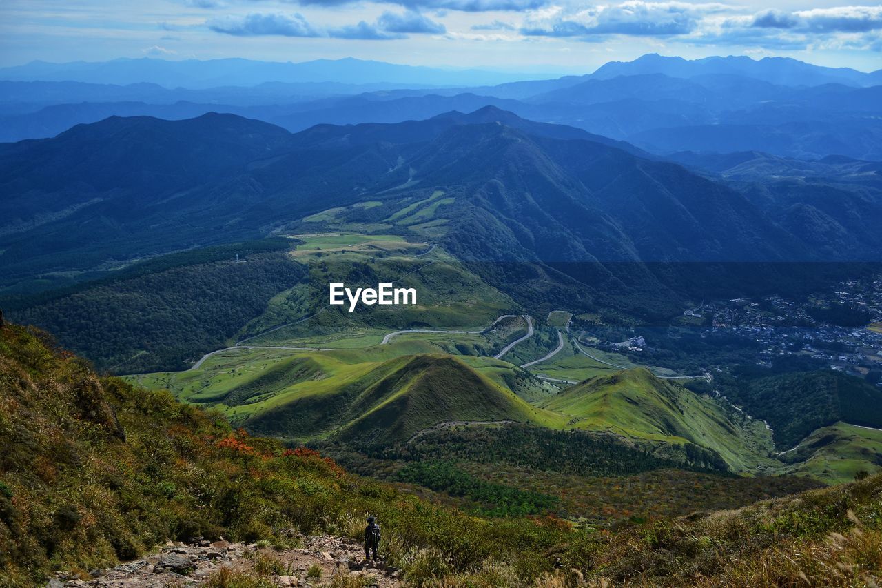 High angle view of mountainous landscape against sky