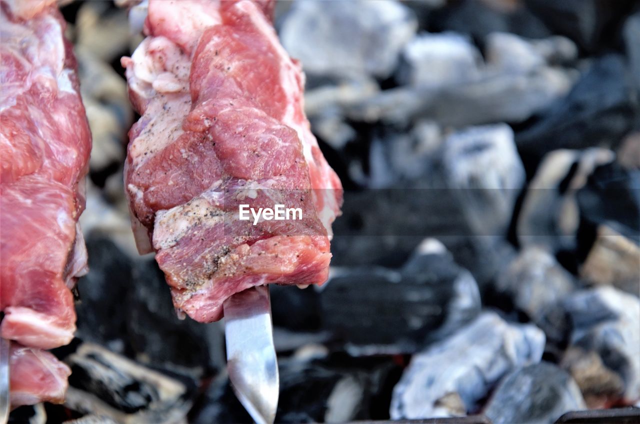 Pieces of meat on a skewer, preparation for barbecue