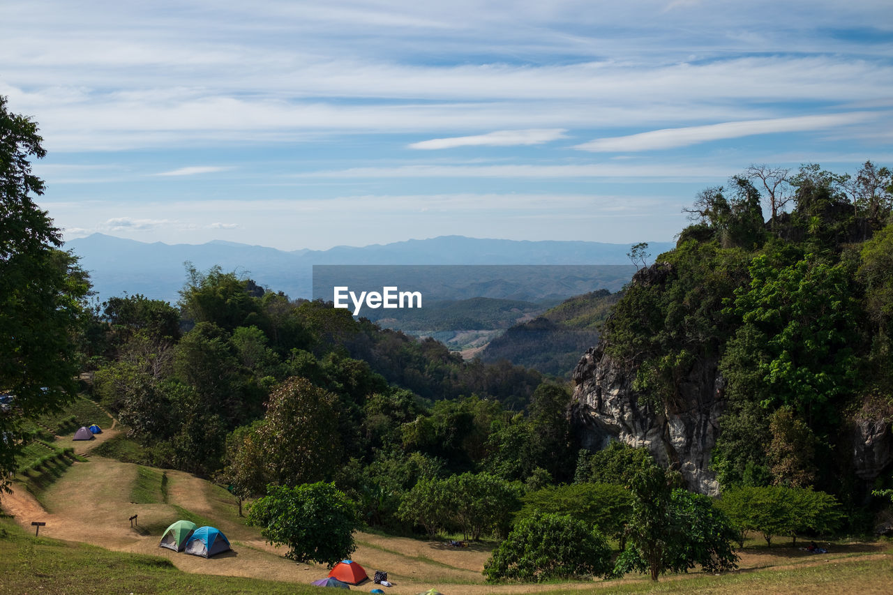 SCENIC VIEW OF TREES ON MOUNTAINS AGAINST SKY