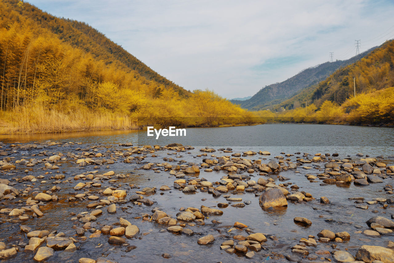 Scenic view of lake against sky during autumn