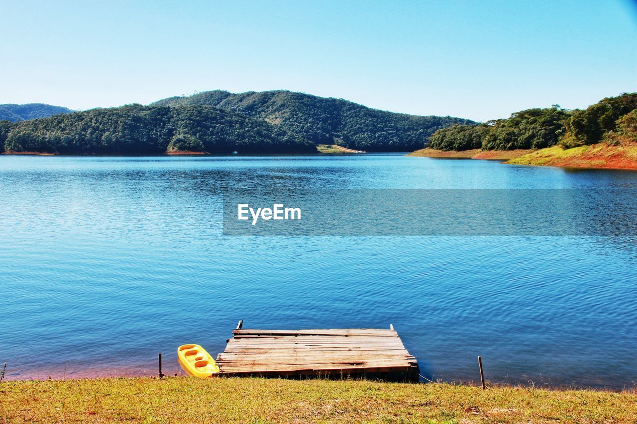 SCENIC VIEW OF LAKE AND MOUNTAINS AGAINST CLEAR SKY