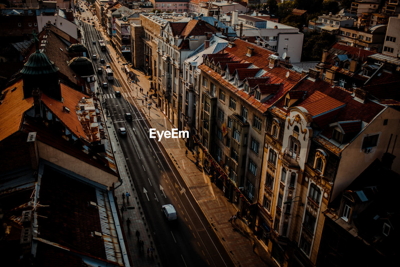 High angle view of buildings in city