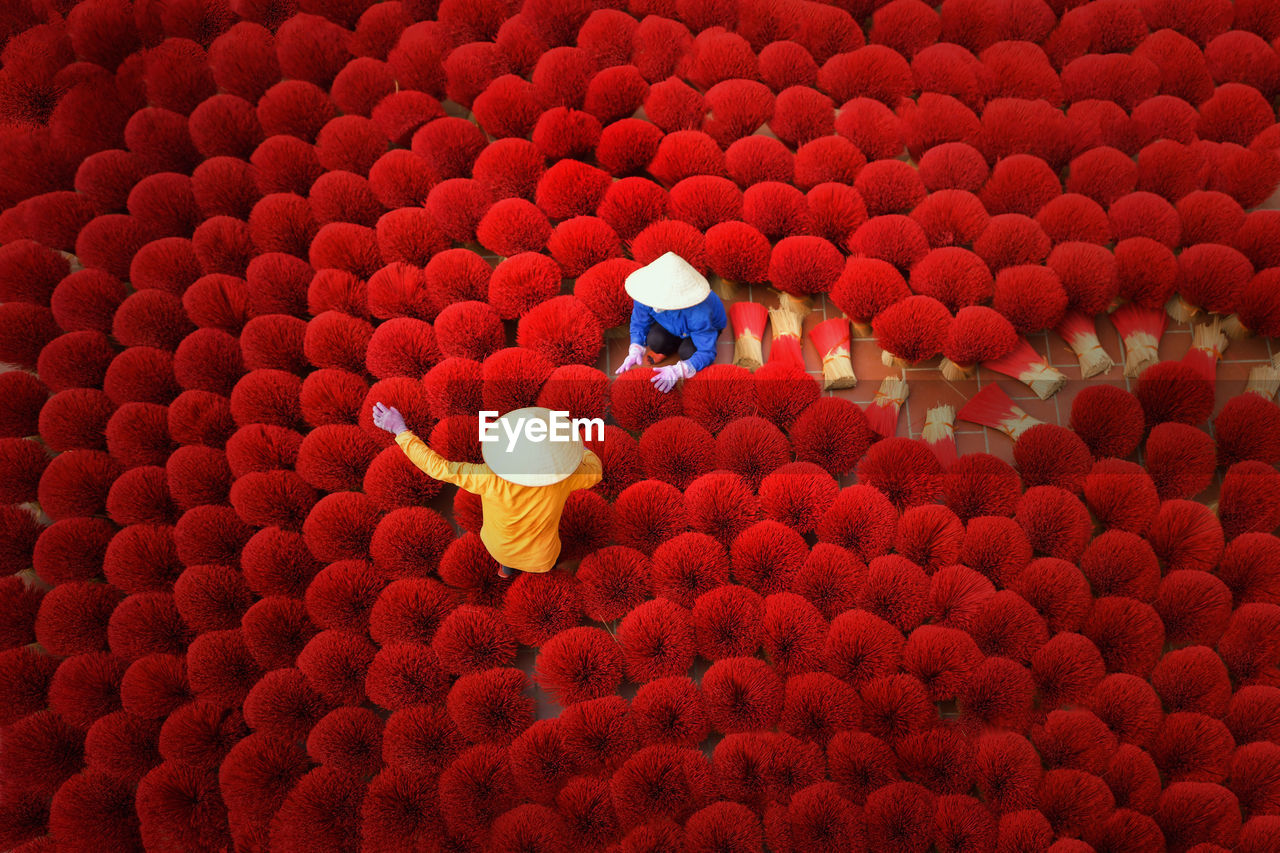 High angle view of women holding incense sticks 