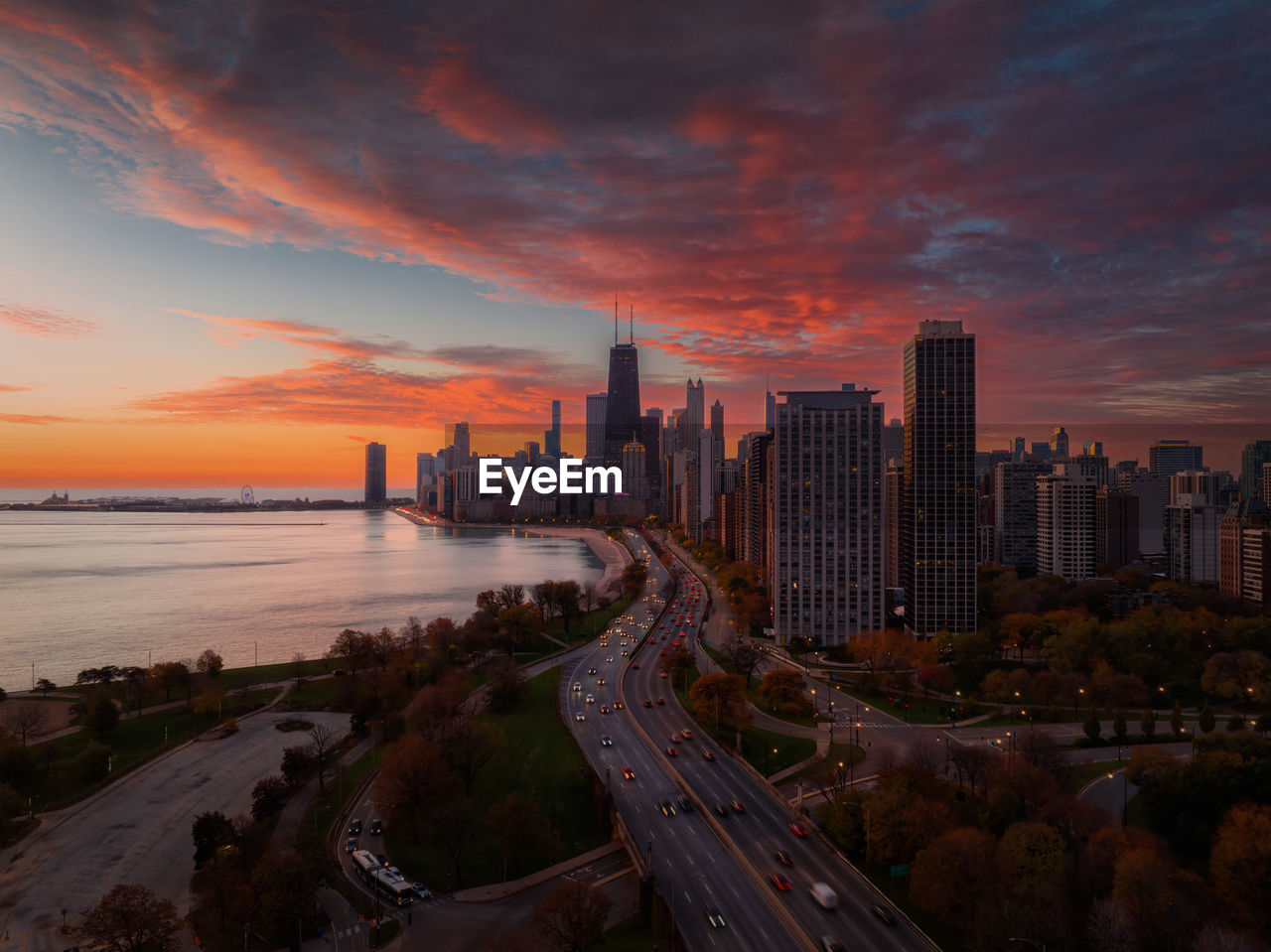 Chicago gold coast and lake shore drive aerial sunrise