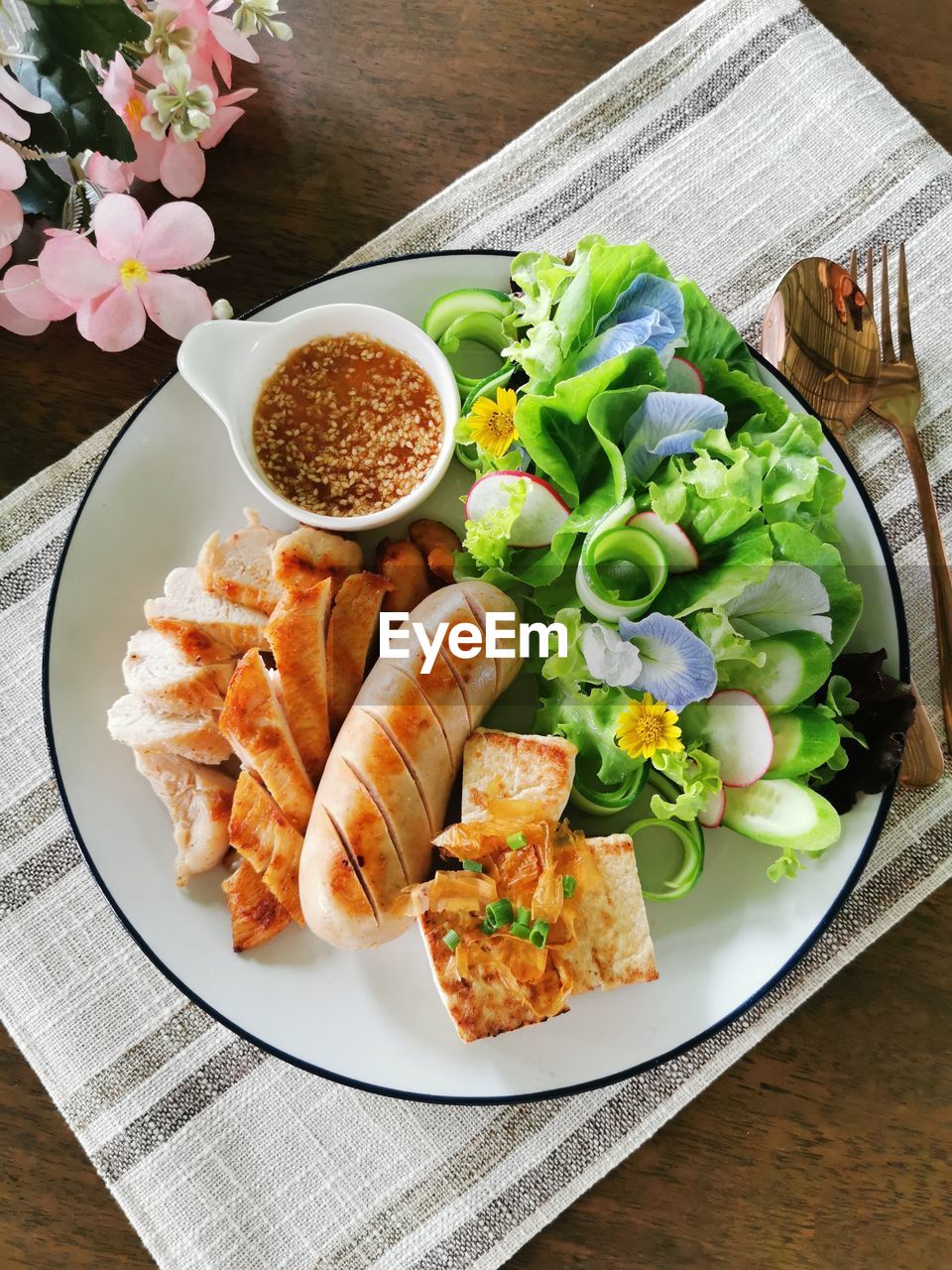 high angle view of food served in plate on table