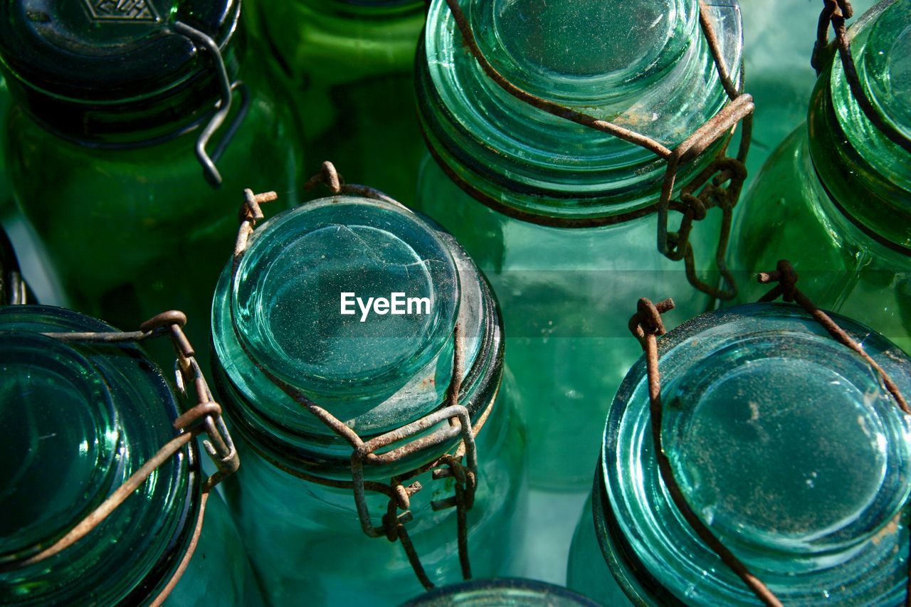 Full frame shot of old empty bottles