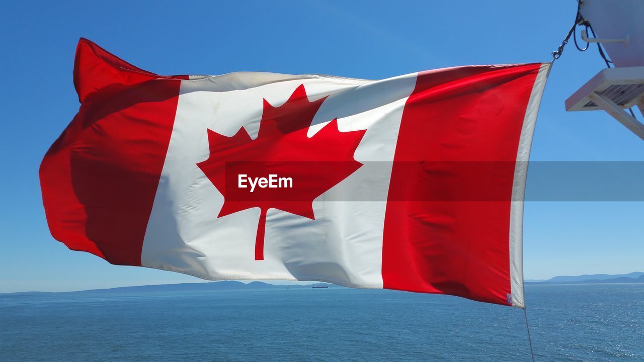 Canadian flag waving against sea