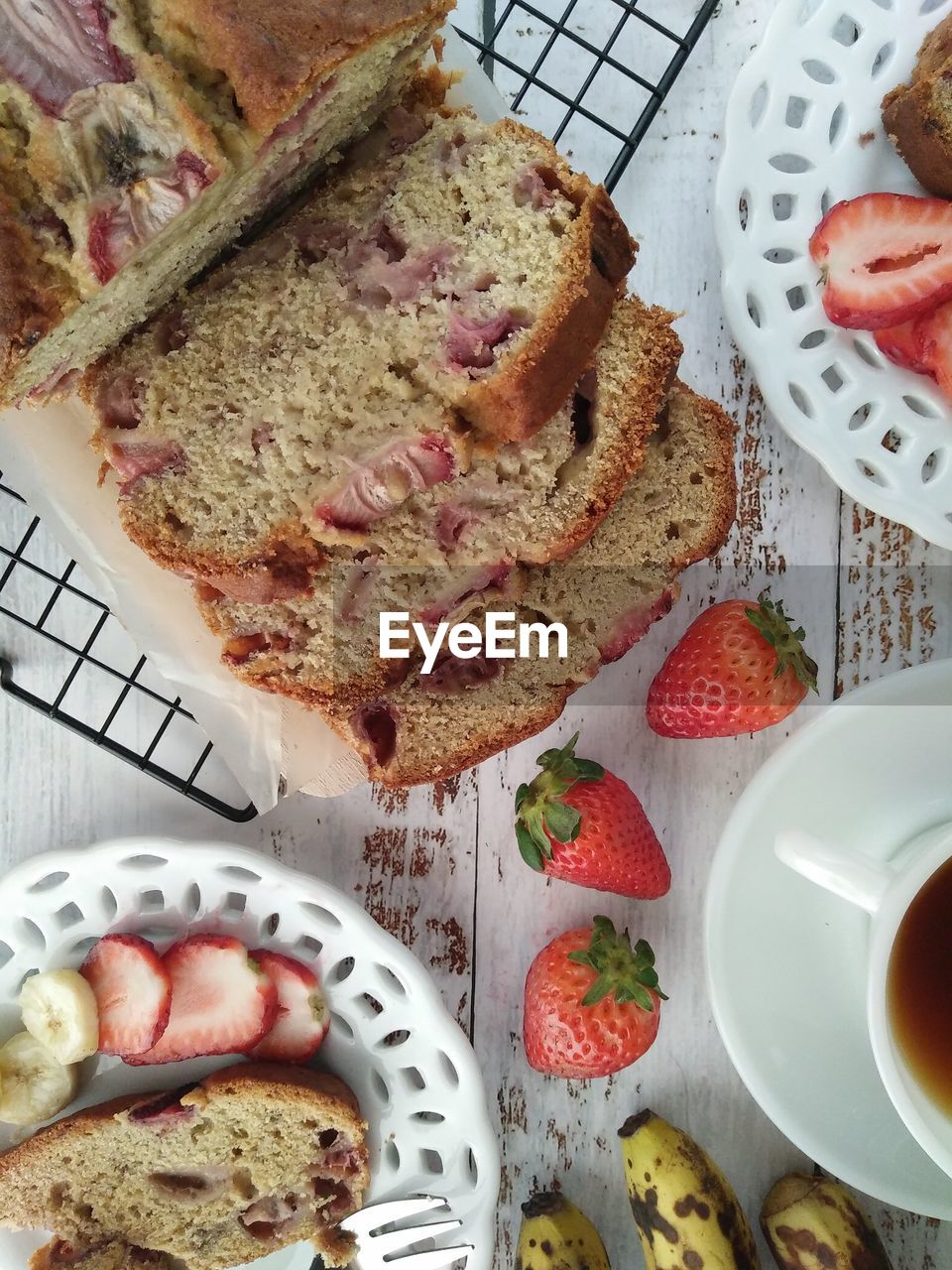 High angle view of strawberry banana bread served on table