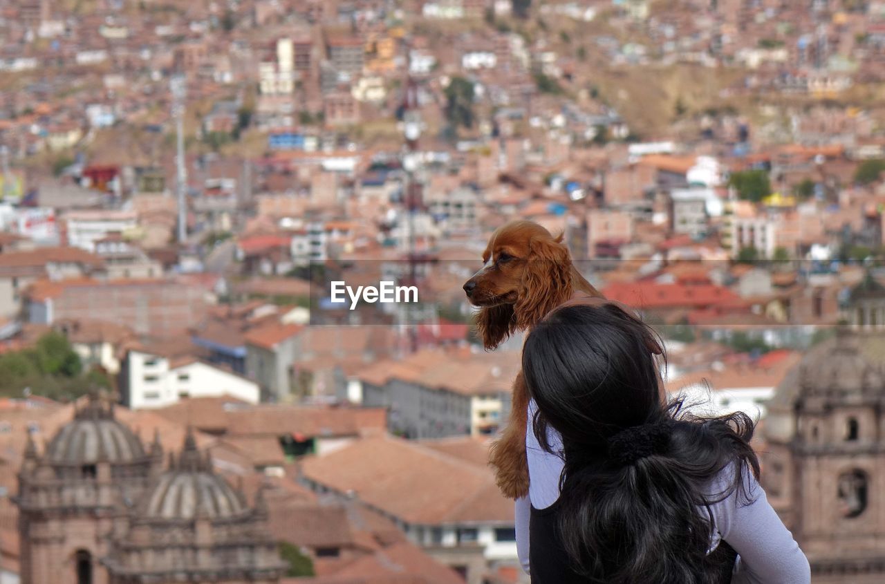 Rear view of woman with dog against cityscape