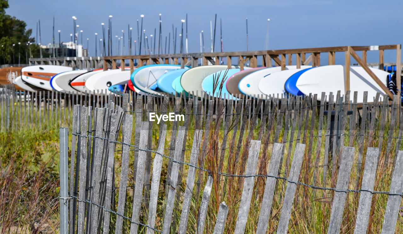 Colorful paddle boards on the beach