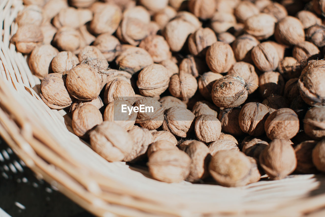 Close-up of walnuts in basket