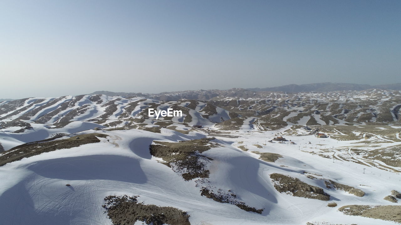 Snow covered landscape against sky