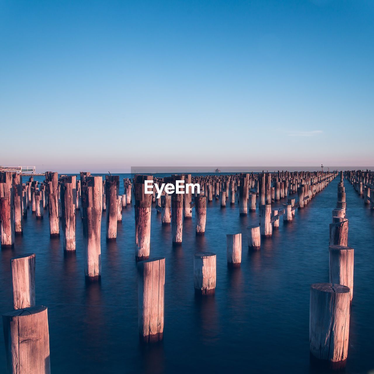 Wooden posts at sea against clear sky