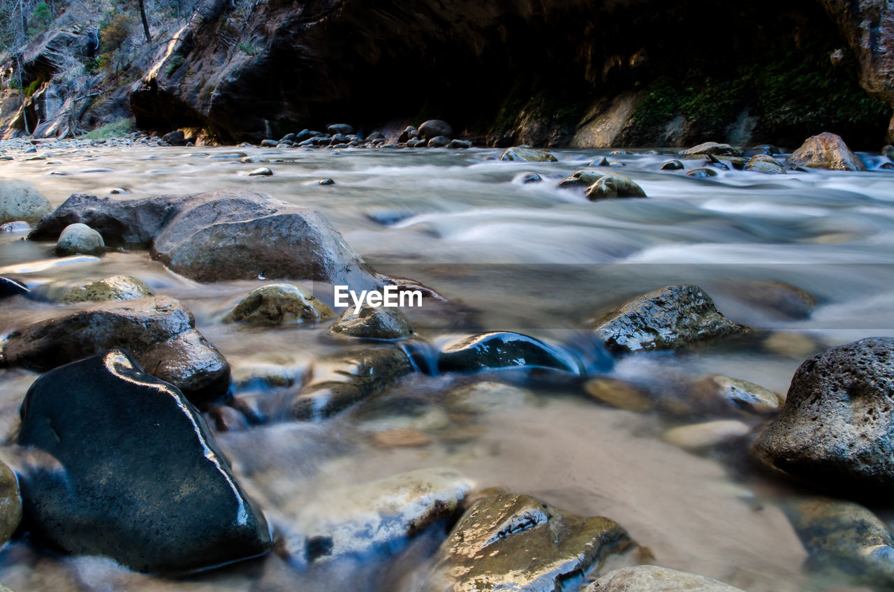 Surface level of frozen stream in forest during winter