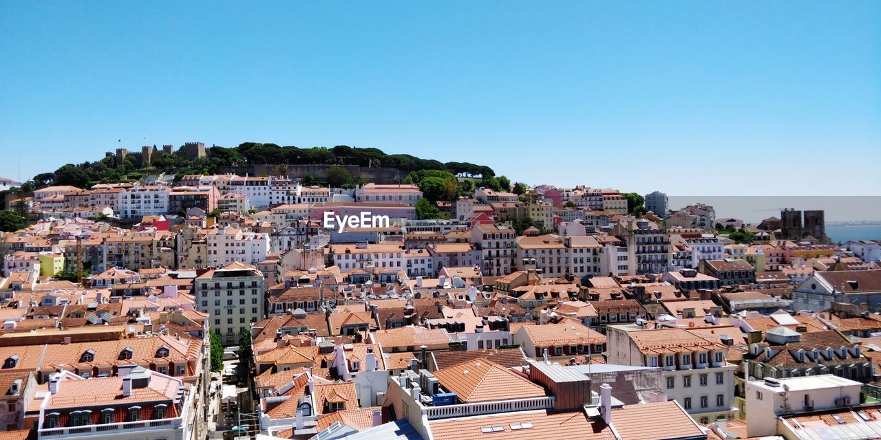 HIGH ANGLE VIEW OF TOWNSCAPE AGAINST CLEAR SKY