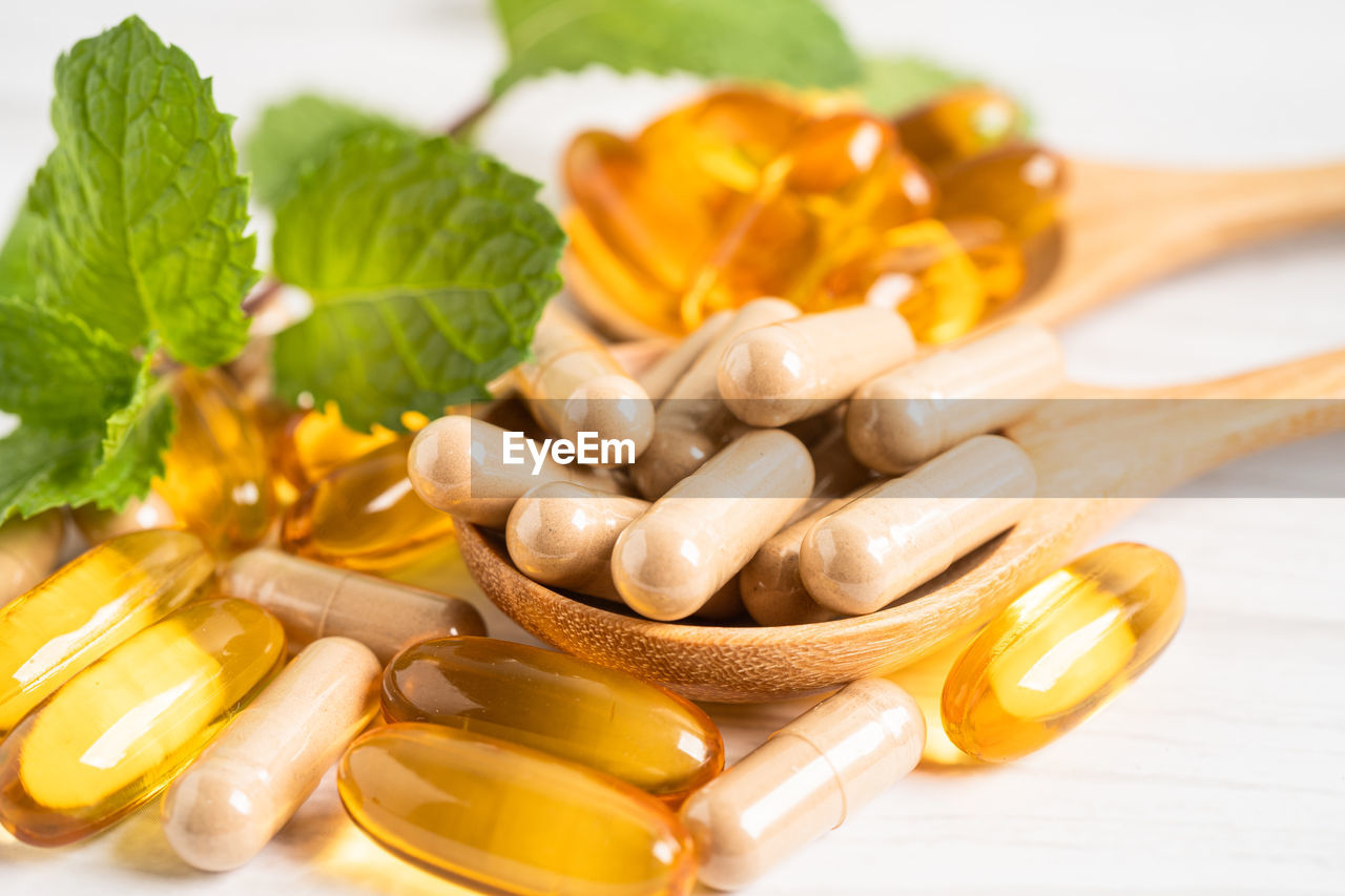 high angle view of capsules on table