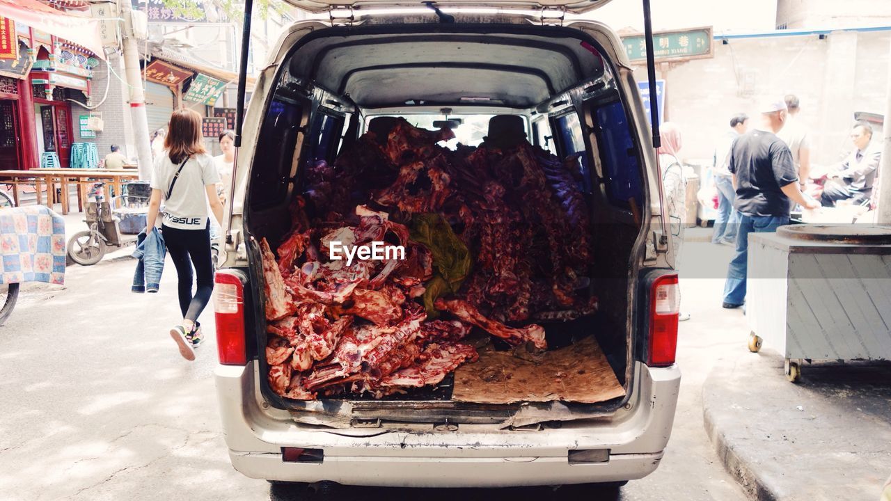 Stack of meat in vehicle