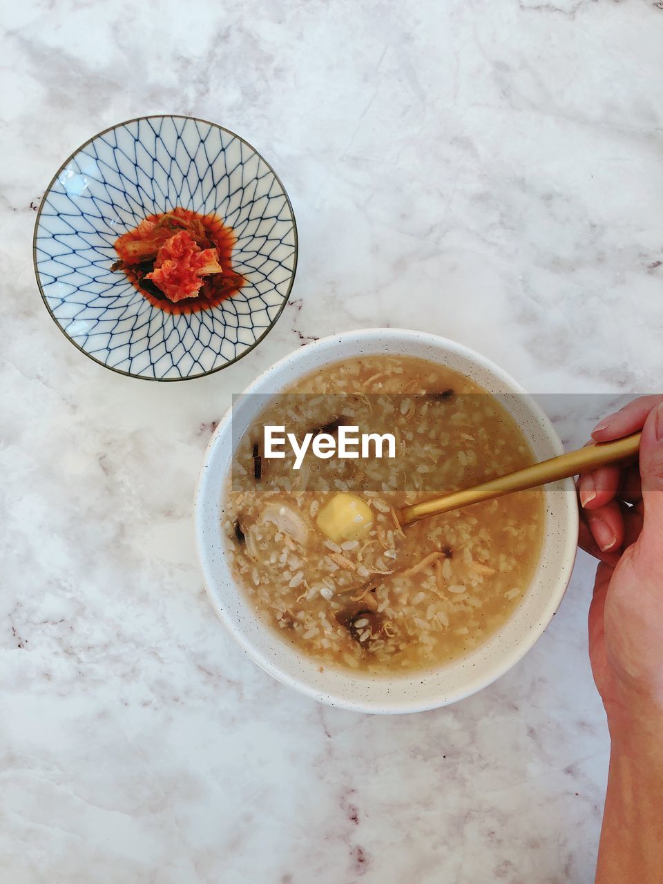 High angle view of man having breakfast