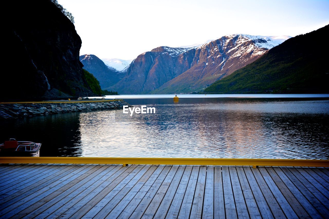 Scenic view of lake and mountains against sky