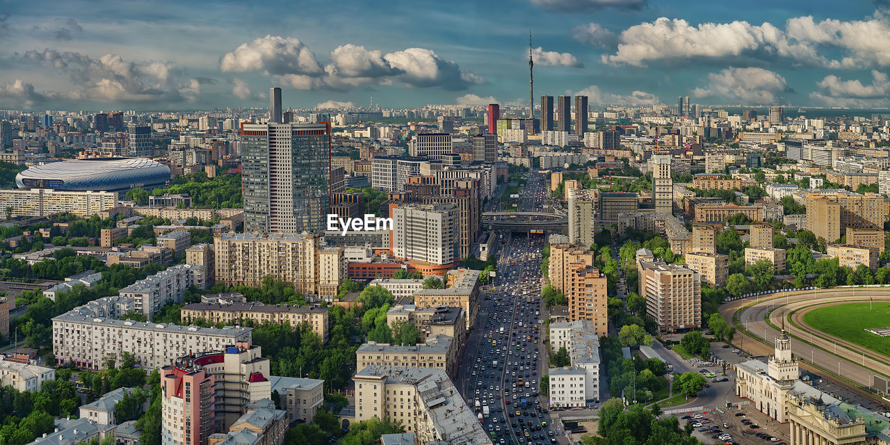 Aerial view of moscow buildings and traffic jam in spring