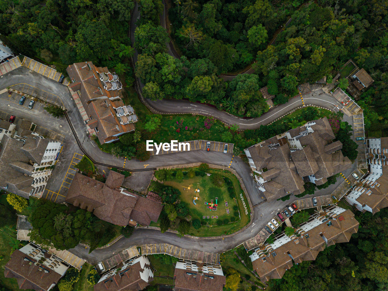 Aerial view of residential building at greenery highland in fraser's hill, pahang, malaysia.
