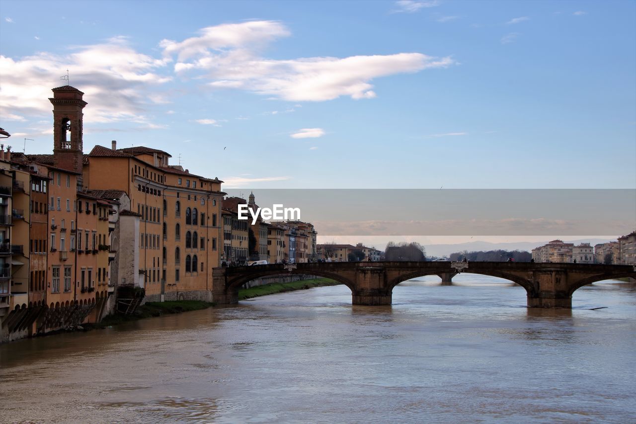 Bridge over river by buildings against sky in city