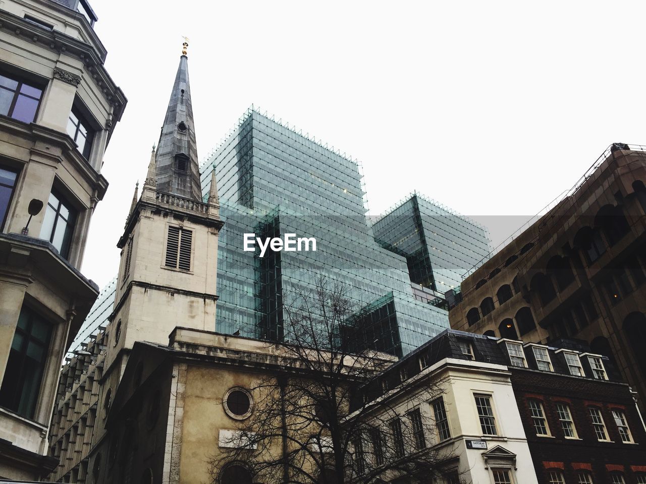 Low angle view of buildings against clear sky