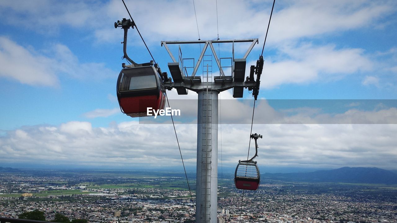 Overhead cable cars over cityscape against cloudy sky