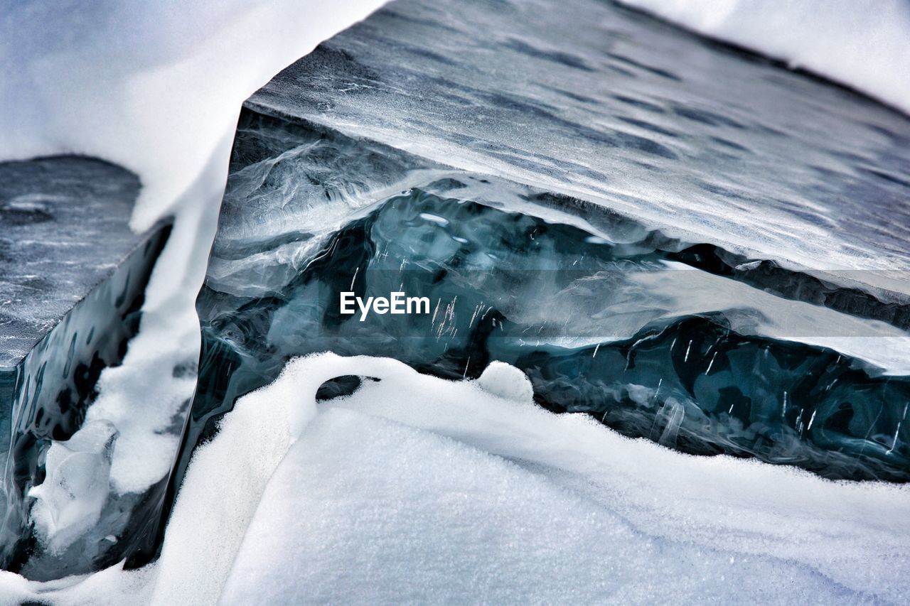 Close-up of icicles on snow covered landscape