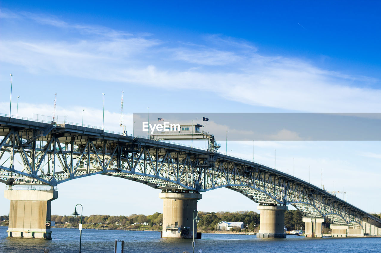 Bridge over river in city against sky