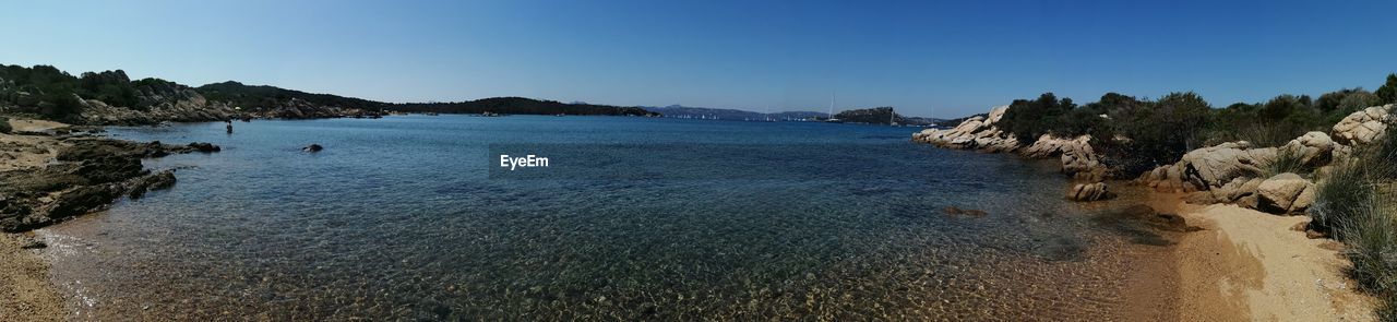 Scenic view of sea against clear blue sky