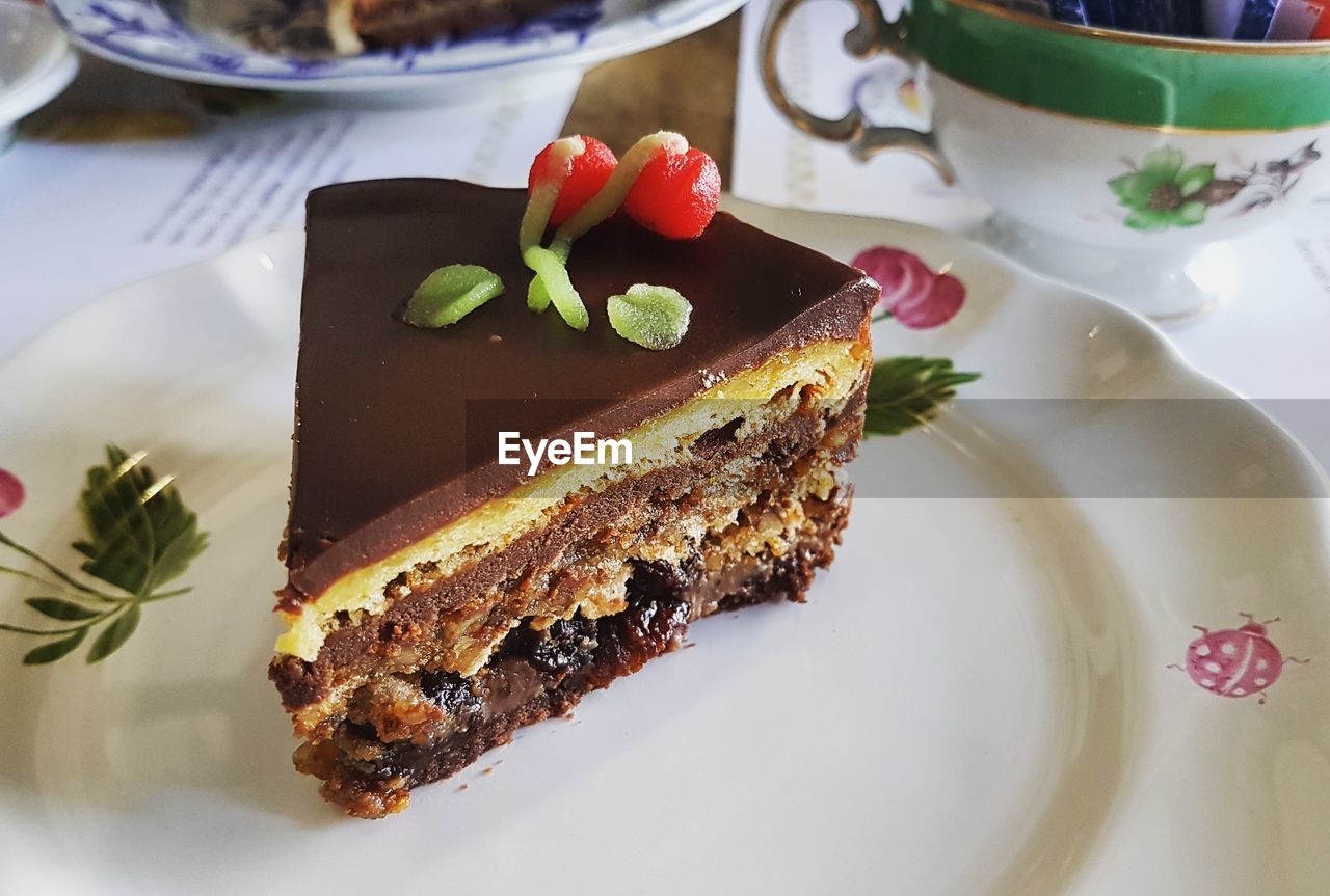 Close-up of cake served on table