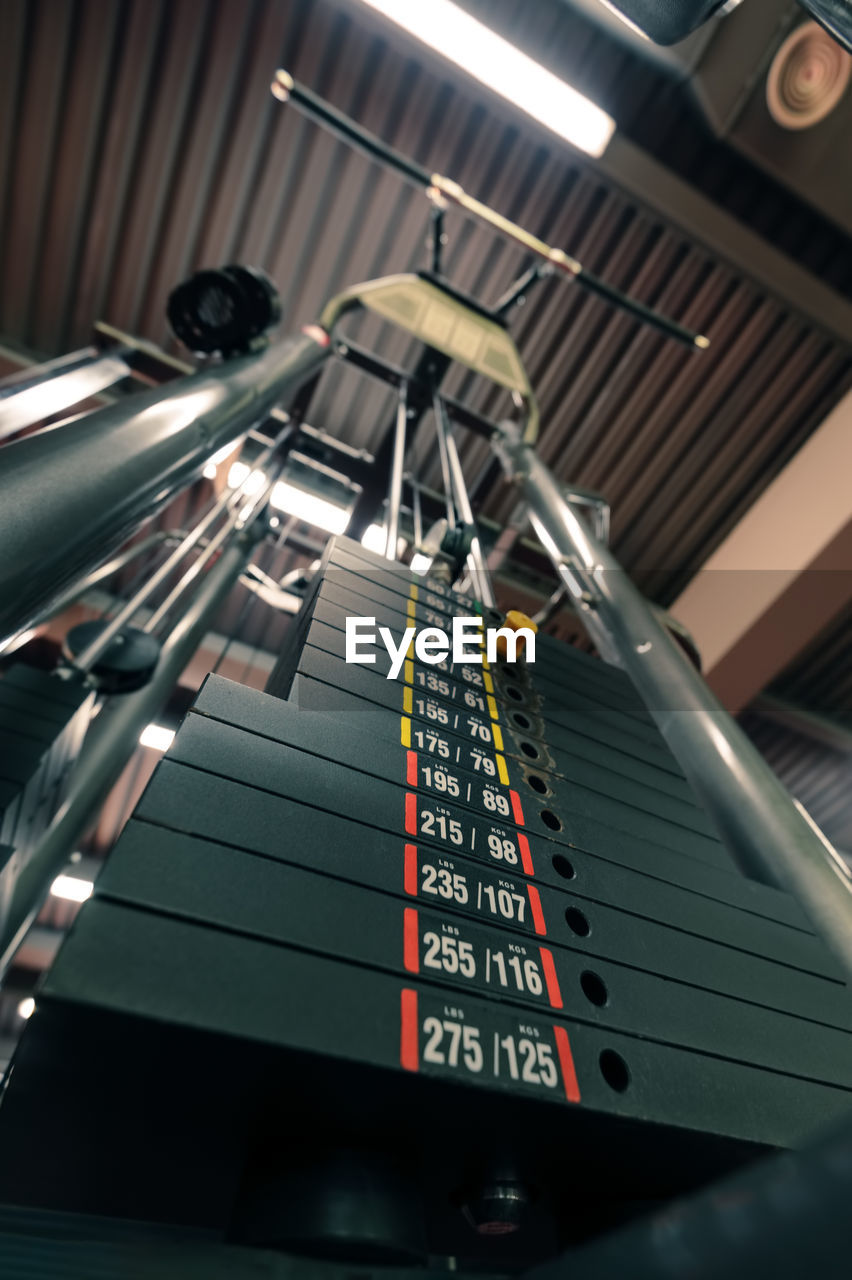 Low angle view of weights in gym