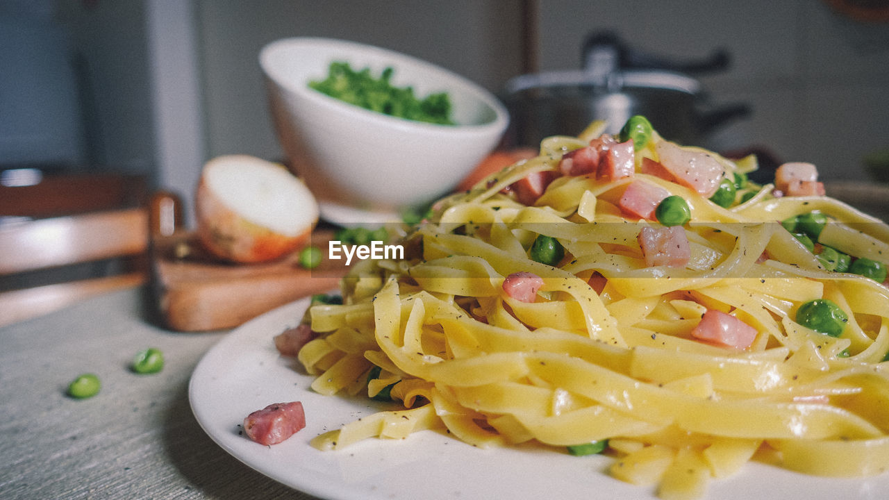 Close-up of pasta served in plate