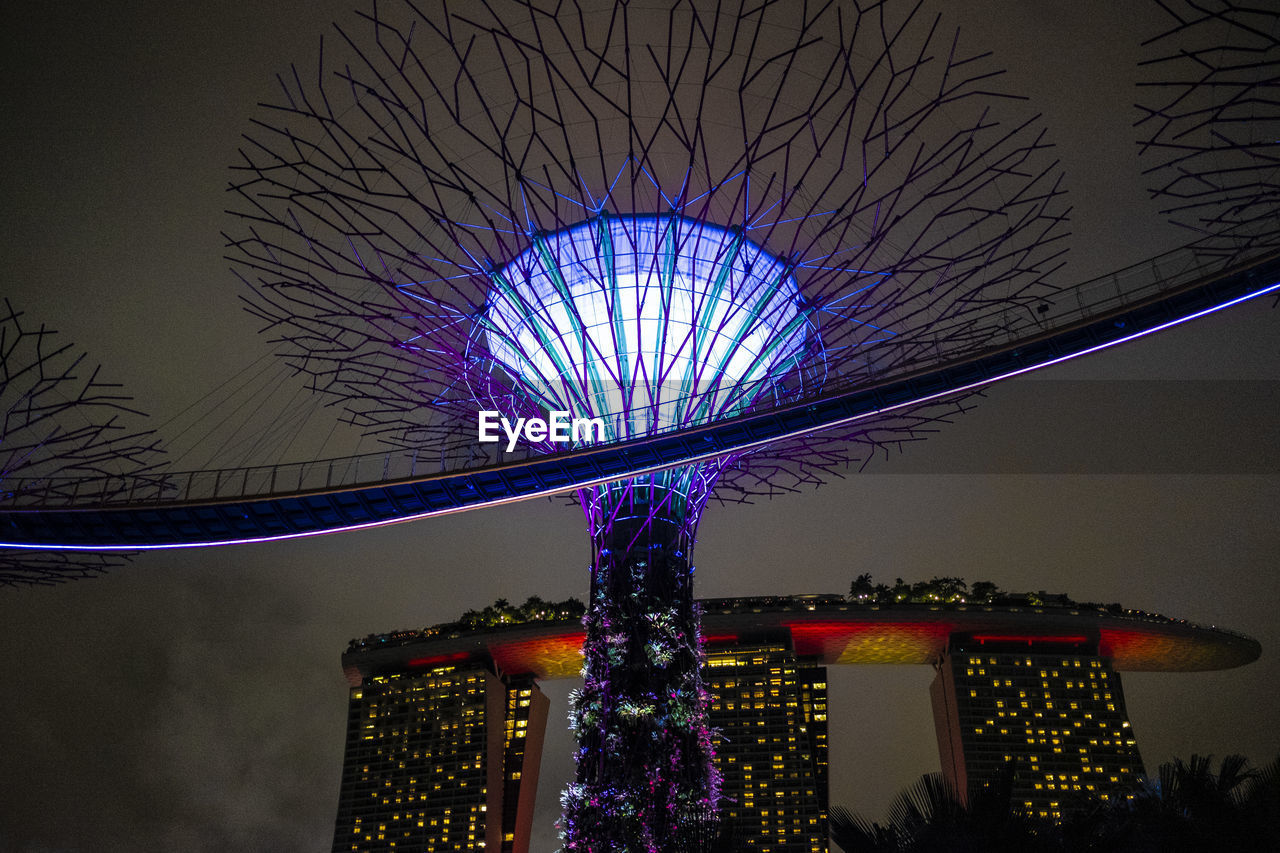 LOW ANGLE VIEW OF ILLUMINATED BUILDINGS AT NIGHT