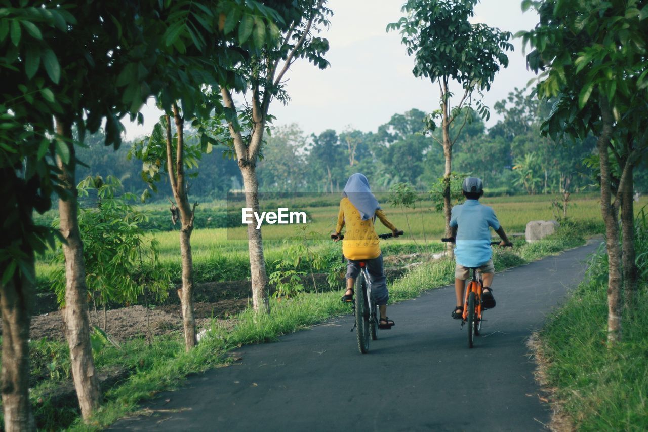 FULL LENGTH REAR VIEW OF MAN RIDING BICYCLE ON ROAD