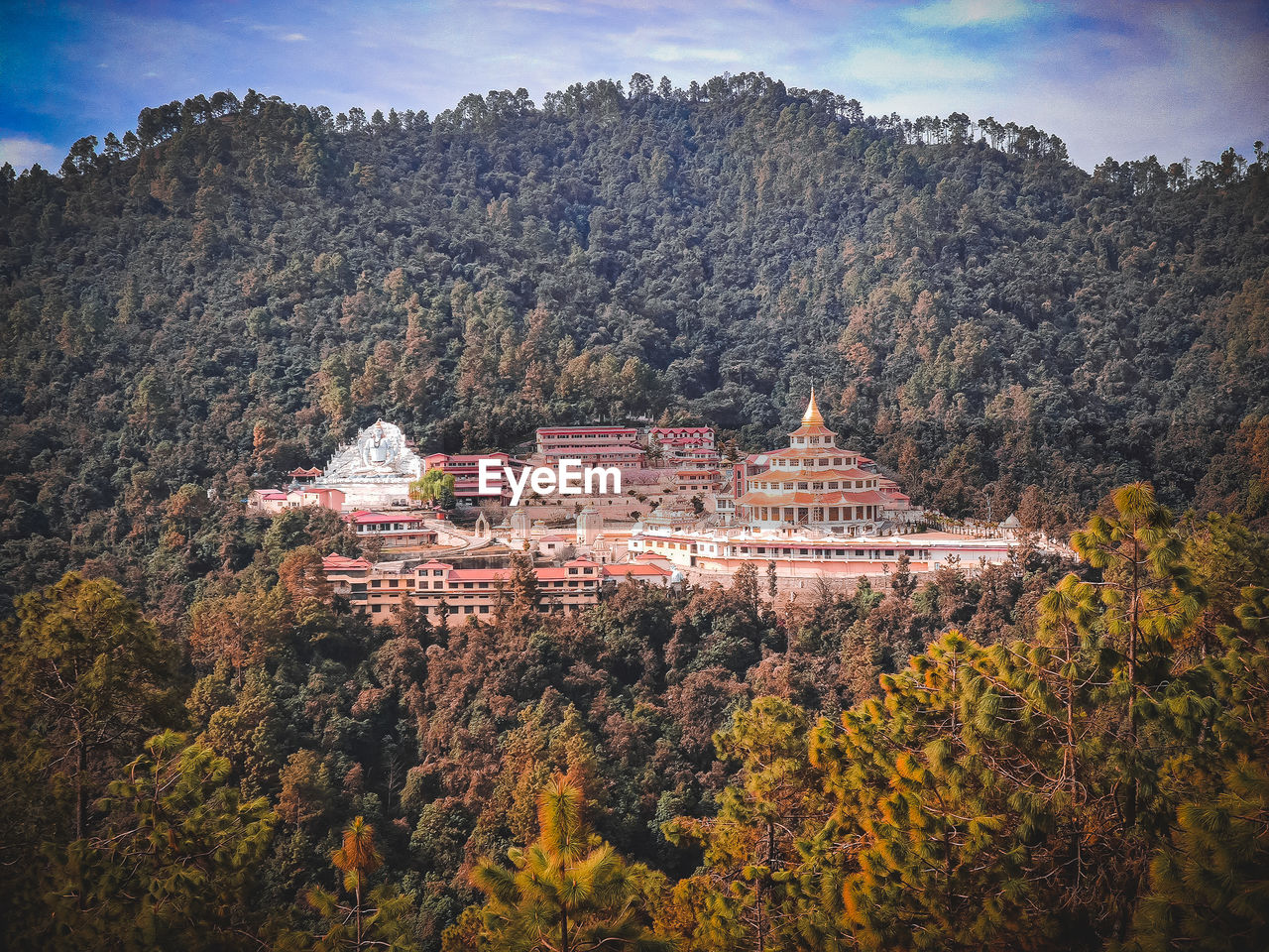 high angle view of trees and buildings against sky