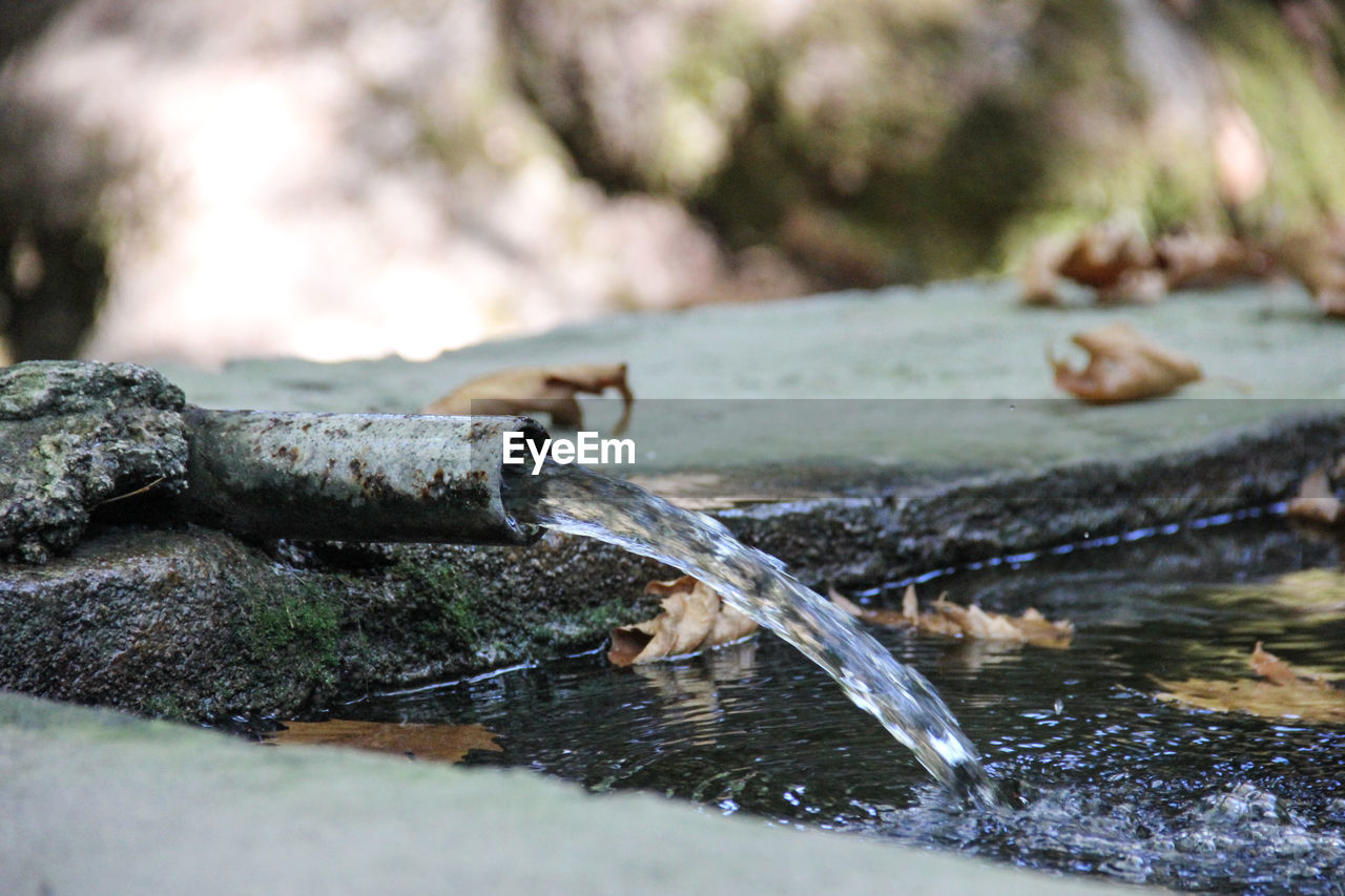 Close-up of water running from pipe in pond