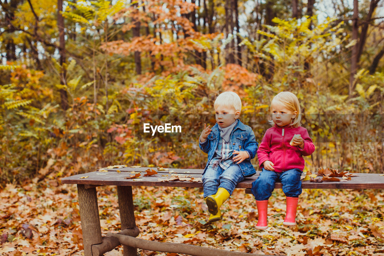 Full length of father and son during autumn