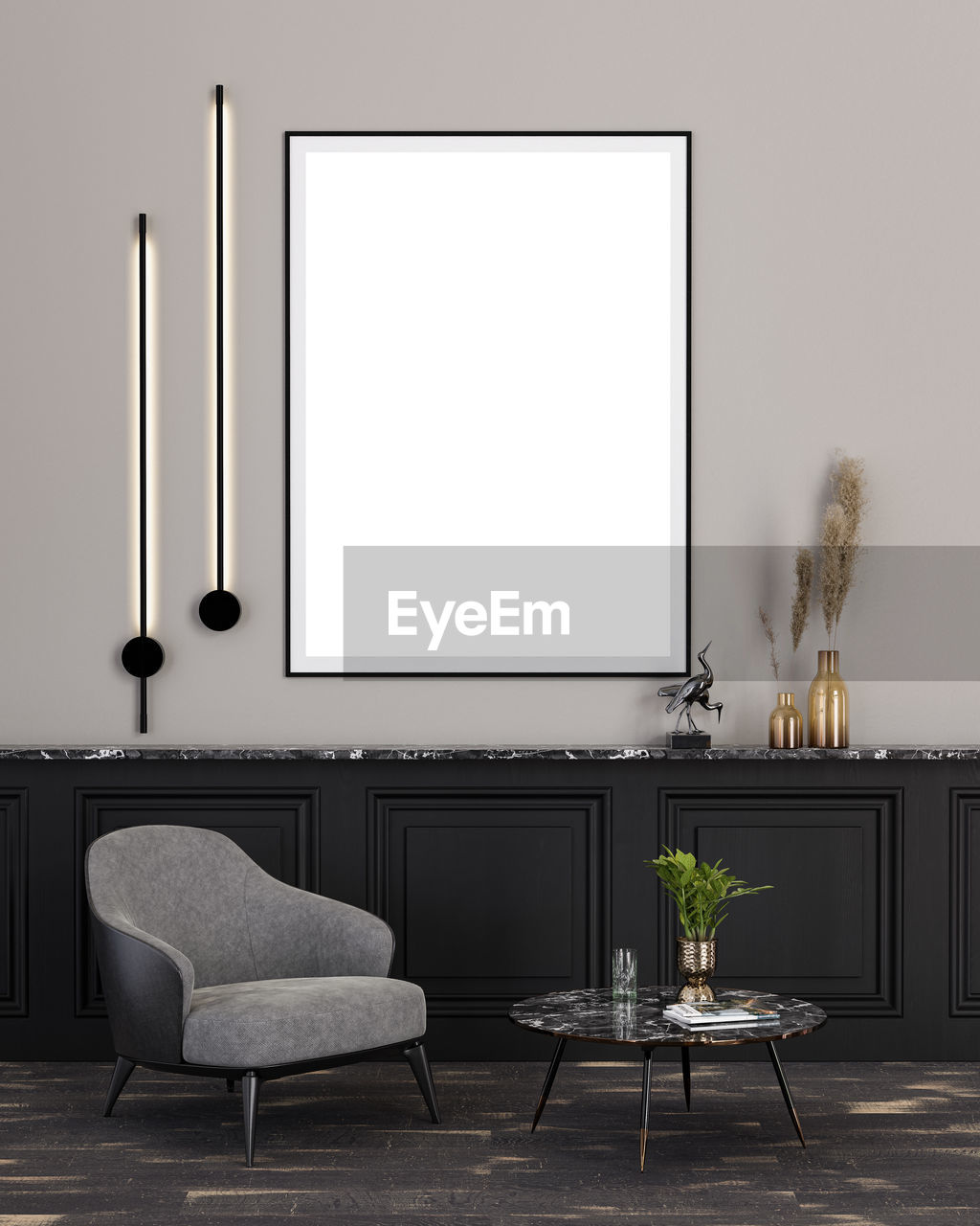 indoors, room, furniture, seat, interior design, living room, home interior, chair, table, no people, wall, picture frame, floor, domestic room, technology, art, frame, wood, empty, television set, copy space, architecture, vase, plant, lighting, wall - building feature