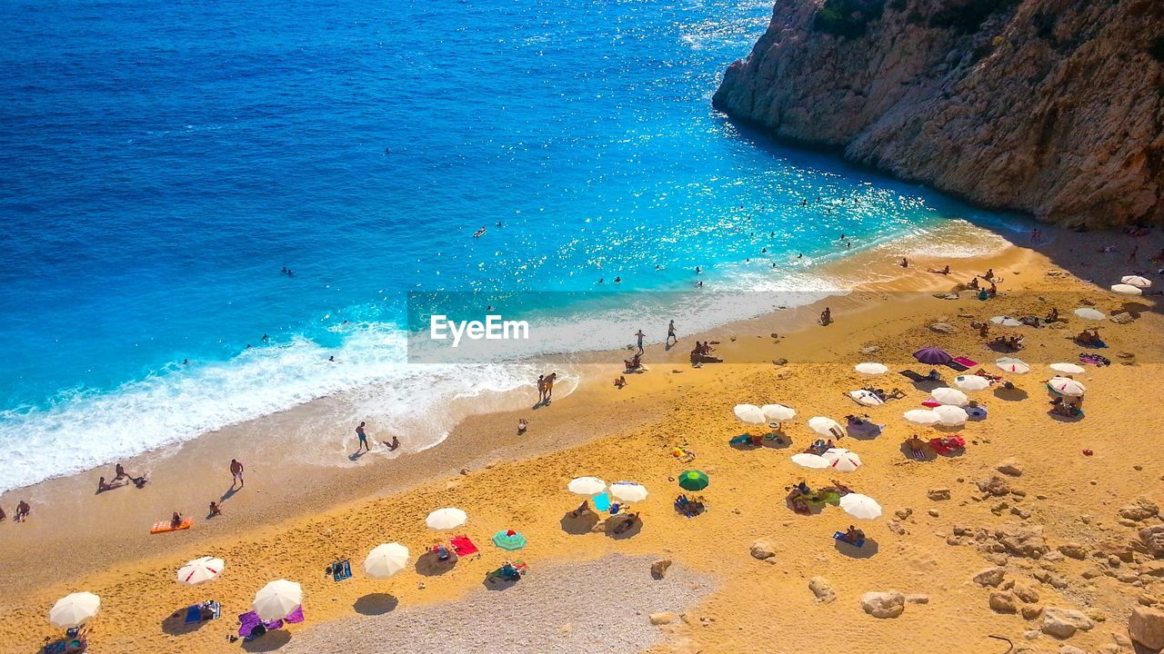 High angle view of parasols on beach