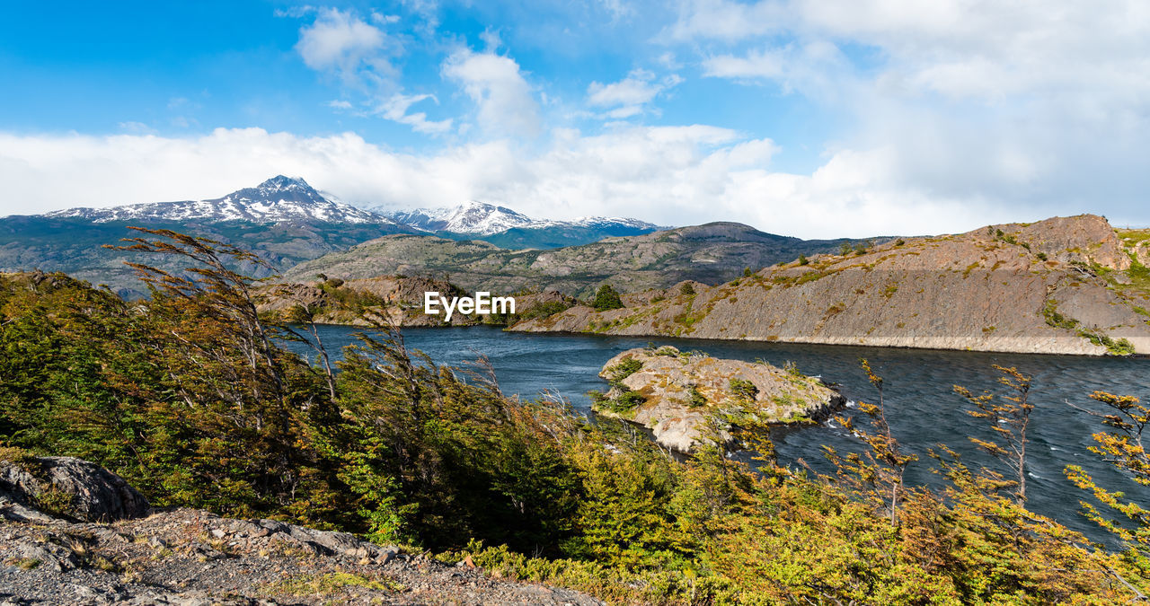 Scenic view of lake and mountains against sky