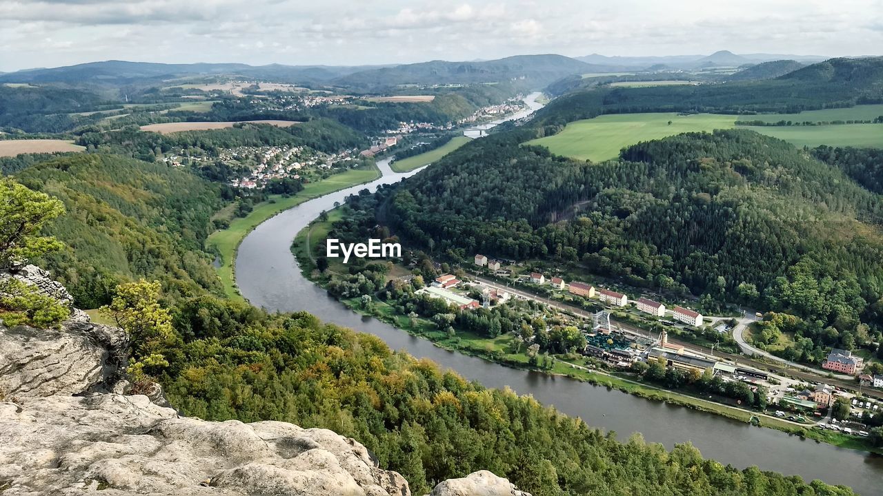 High angle view of river amidst landscape
