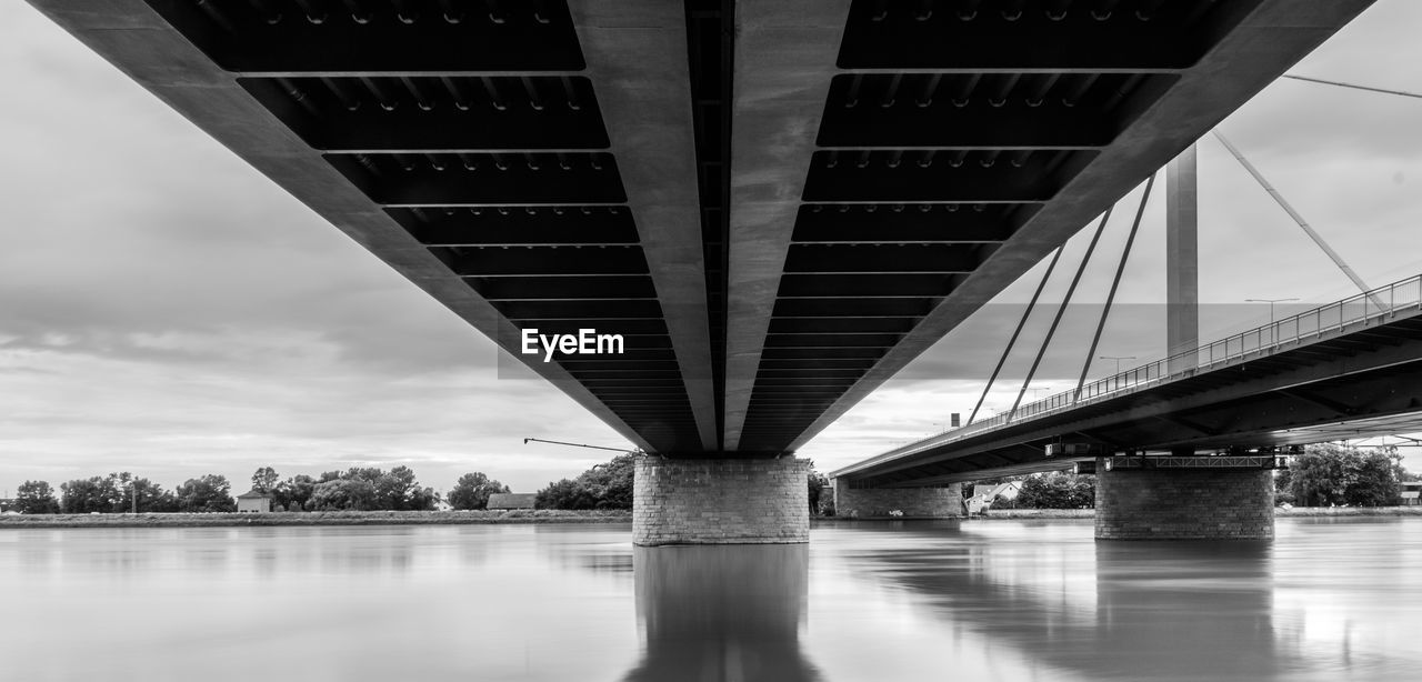 Bridge over calm lake against the sky