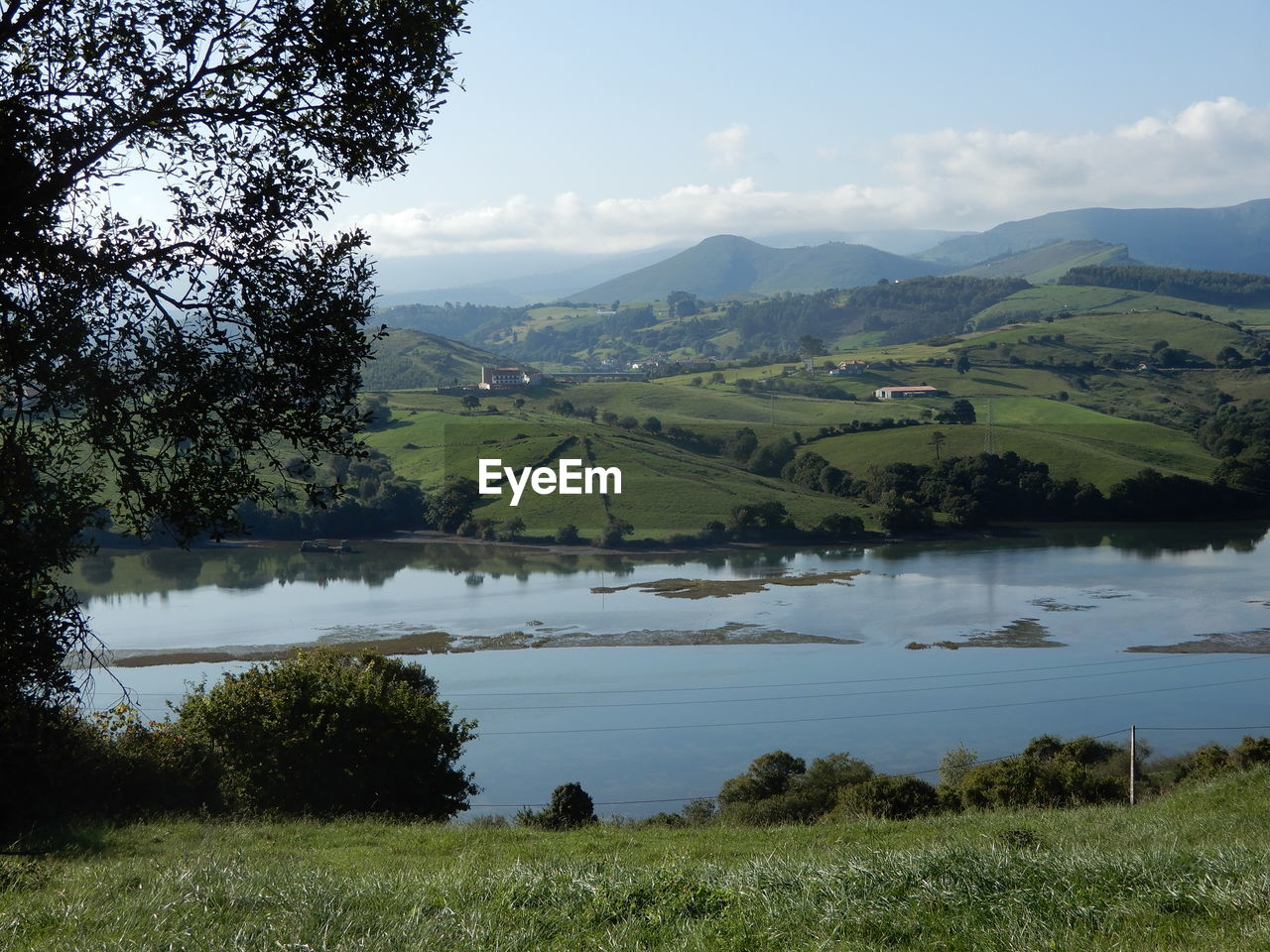 Scenic view of landscape and lake against sky