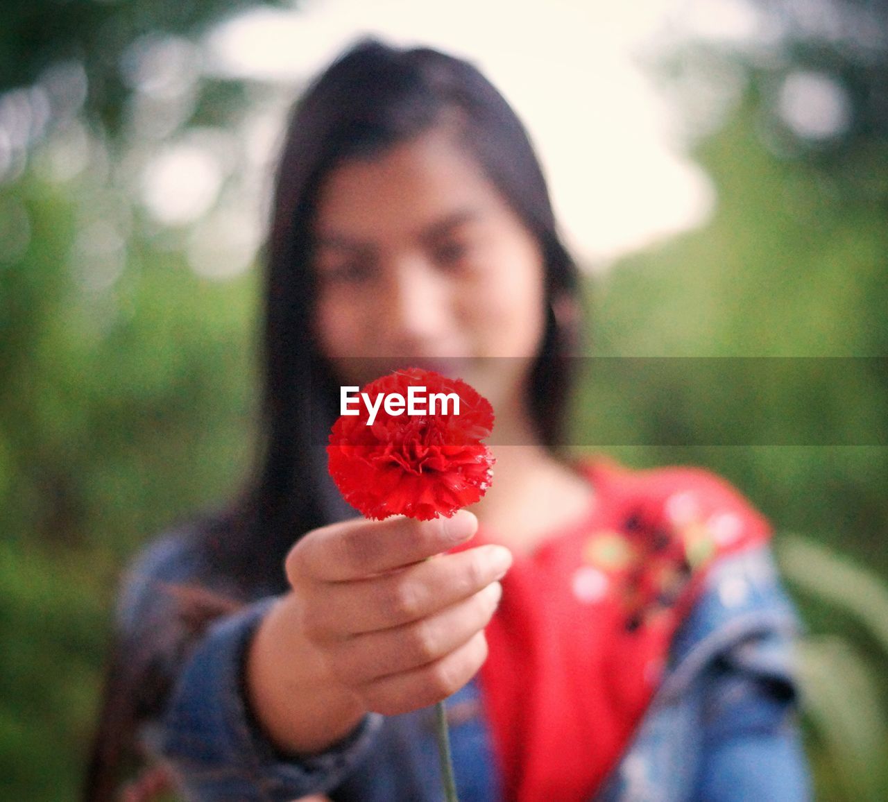 Close-up of woman hand holding red flower in park