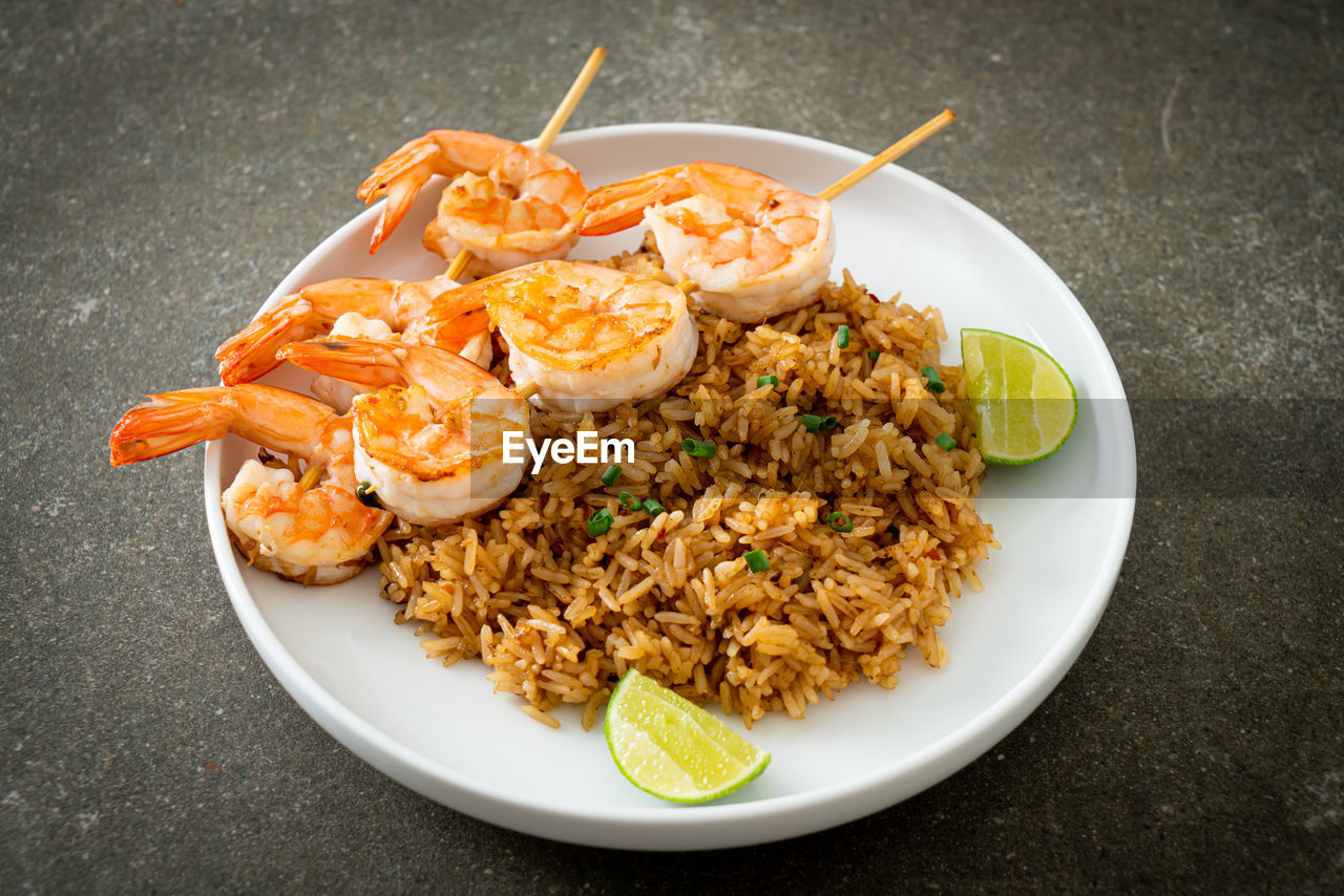 high angle view of food served in plate on table