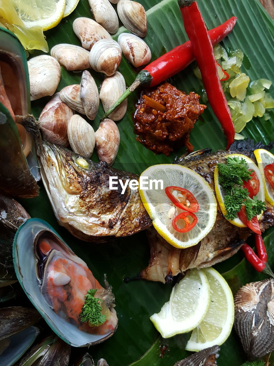 Fried fish and animal shells on banana leaf