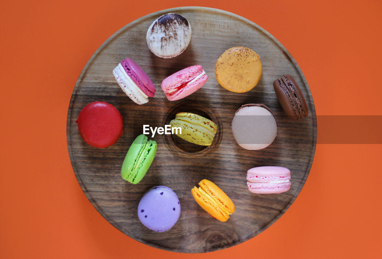 High angle view of macaroons on table, flat lay